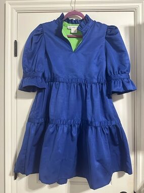 Gretchen Scott Blue Green Tear Drop Ruffle Collar Shift Dress Size Small